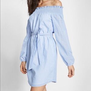 Express Light Blue Striped Off-Shoulder Dress